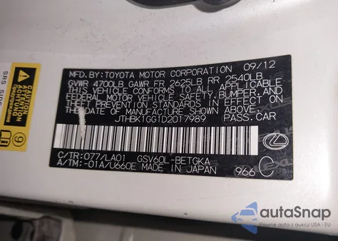 2013 Lexus Es 350 z USA, uszkodzony, nr VIN JTHBK1GG1D2017989